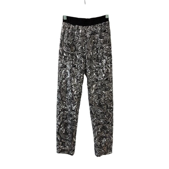 Porridge Black Silver Sequin Paisley Pattern Elastic Waist Skinny Pants XS - Picture 1 of 9
